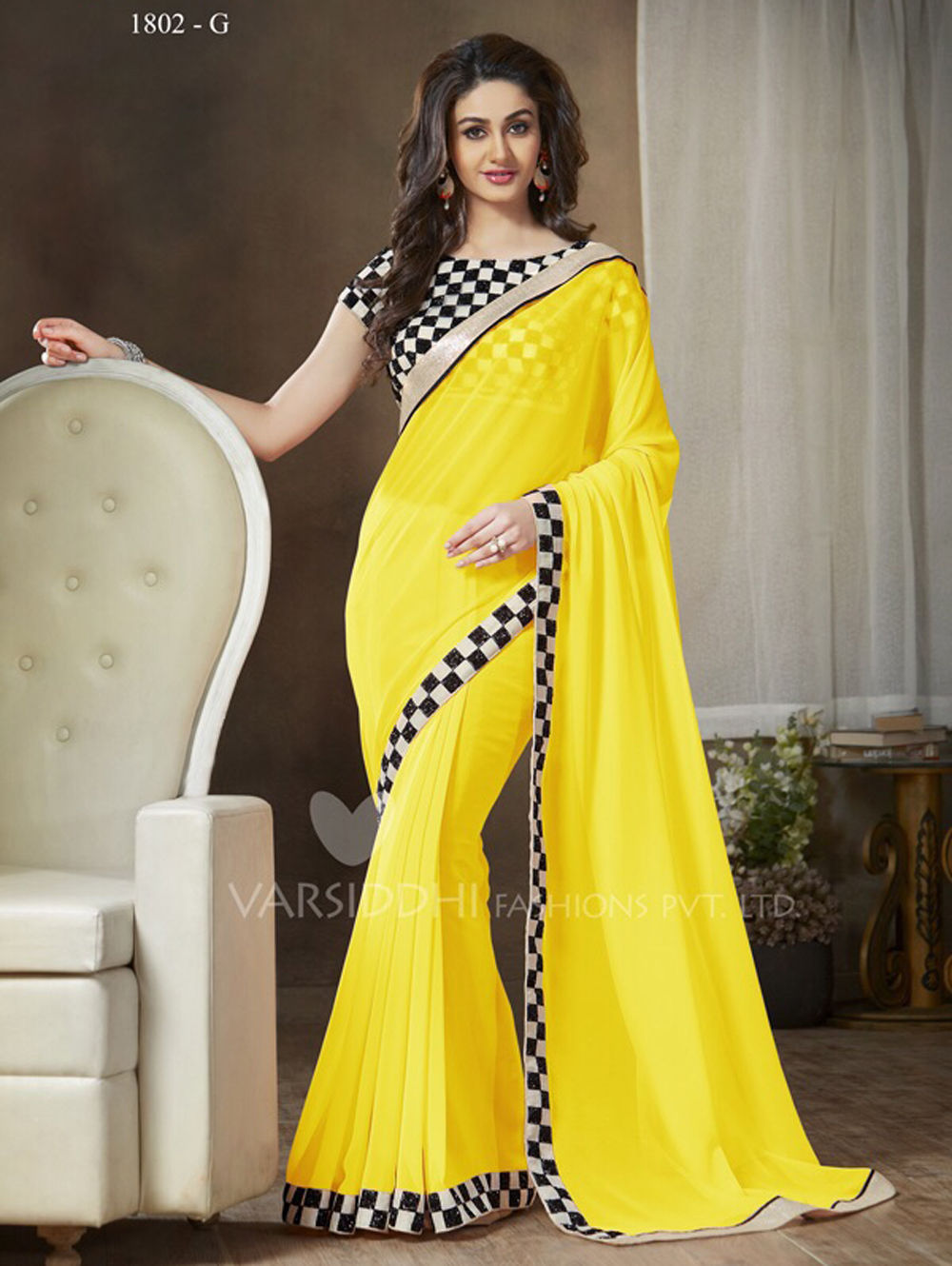 1802G Yellow and Black Party Wear Georgette Saree
