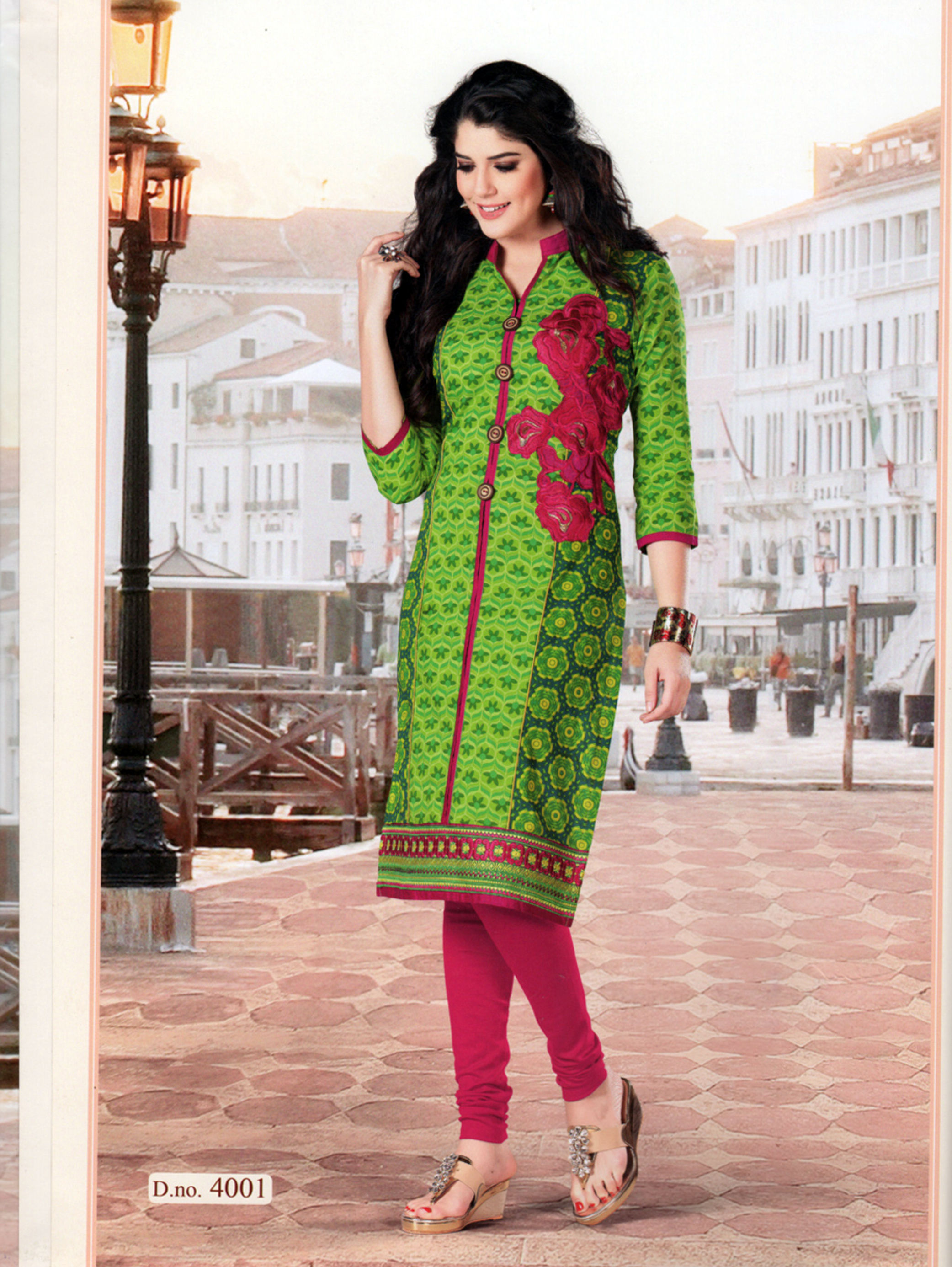4001 Light Green and Pink Embroidered Cotton Daily Wear Kuti