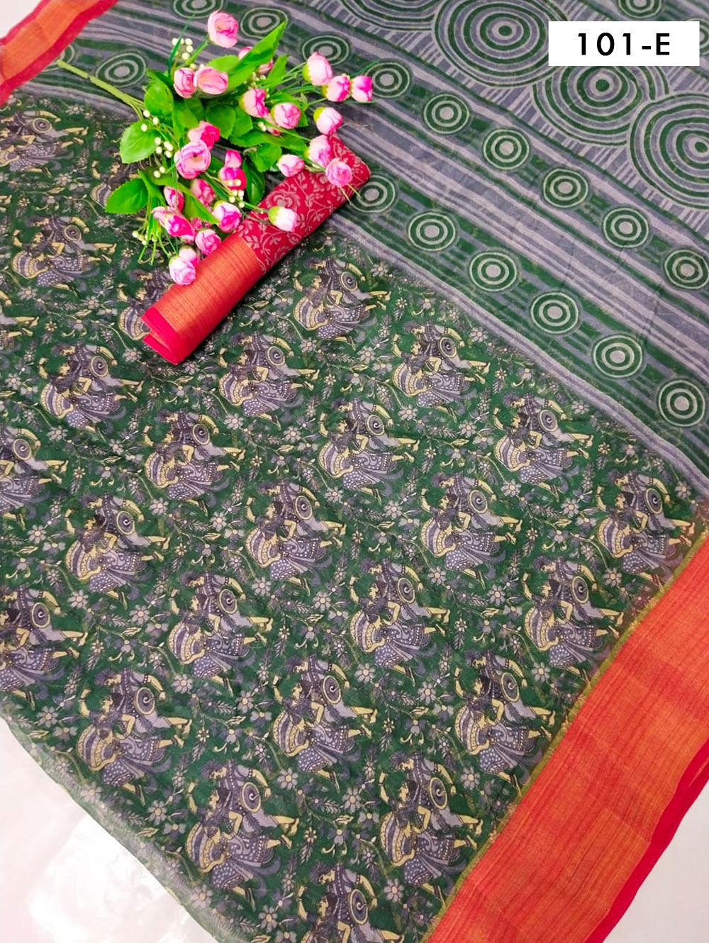 Dark Green Digital Printed Soft Cotton Saree