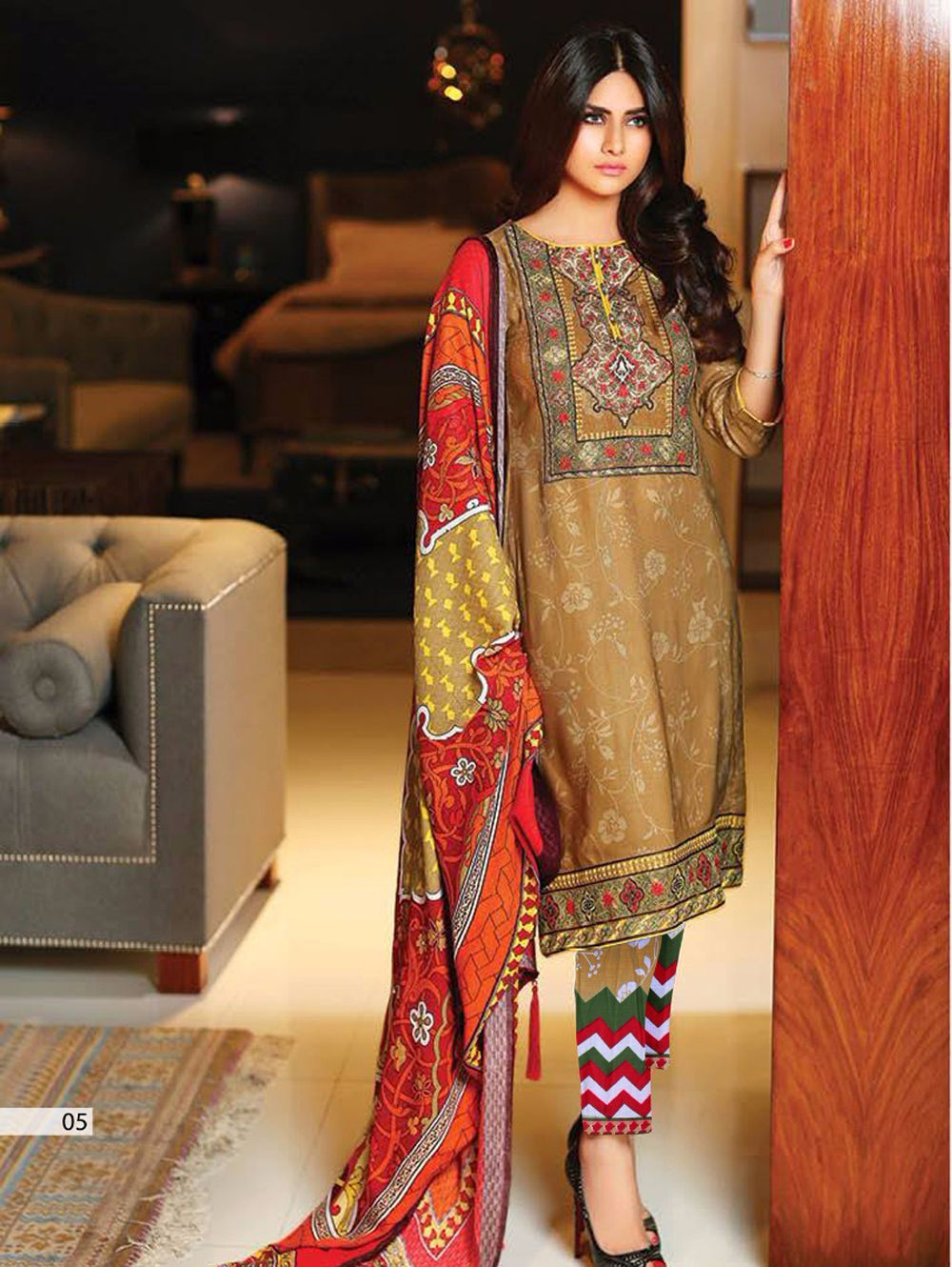05Brown and Multicolor Embroidered Lawn Pakistani Style Indian Suit