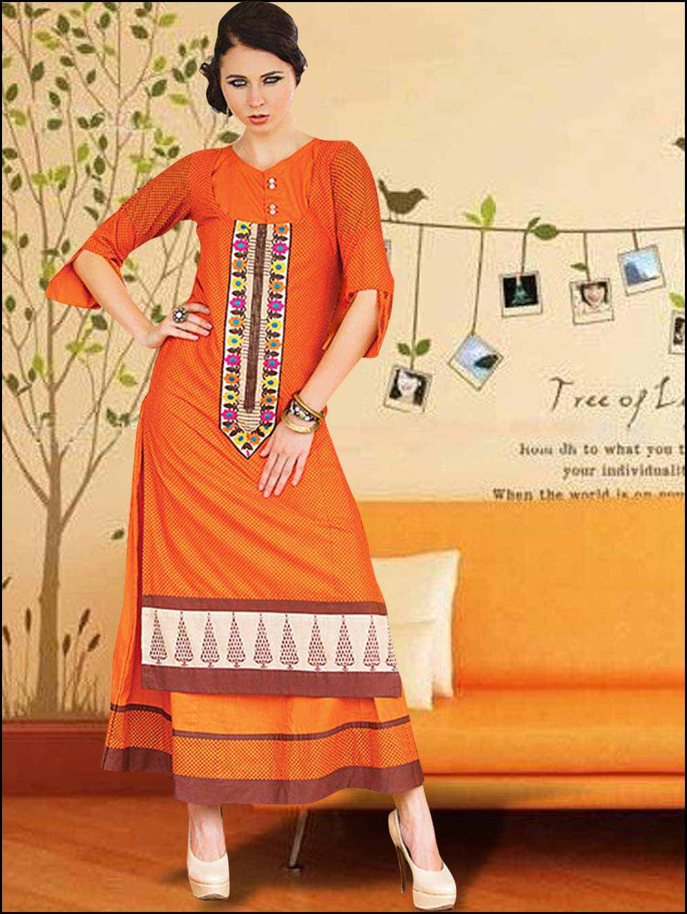 924A Orange Brown and Cream Cotton Party Wear/Daily Wear Straight Suit