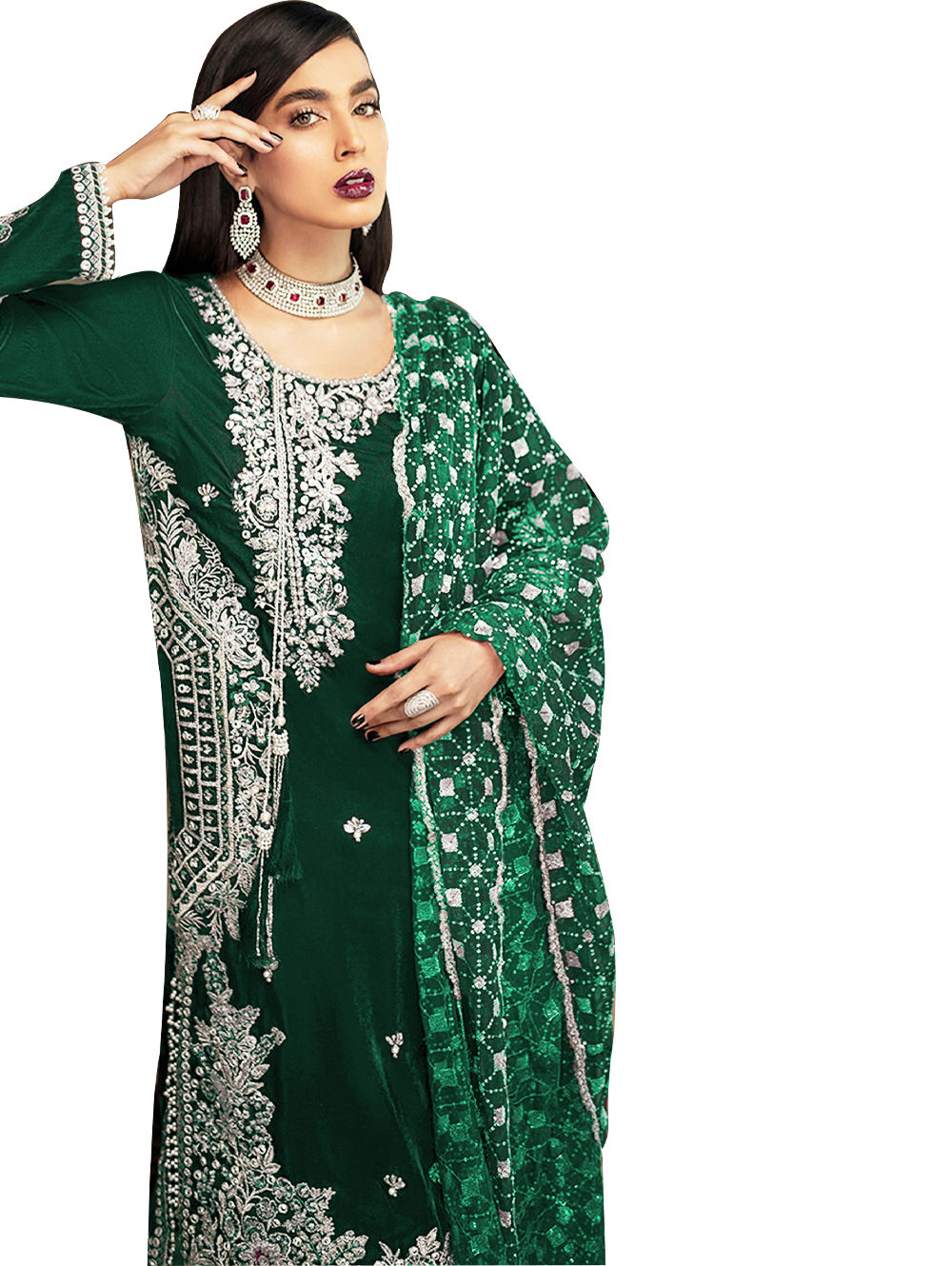 Dark Green Heavy Faux Georgette With Embroidery