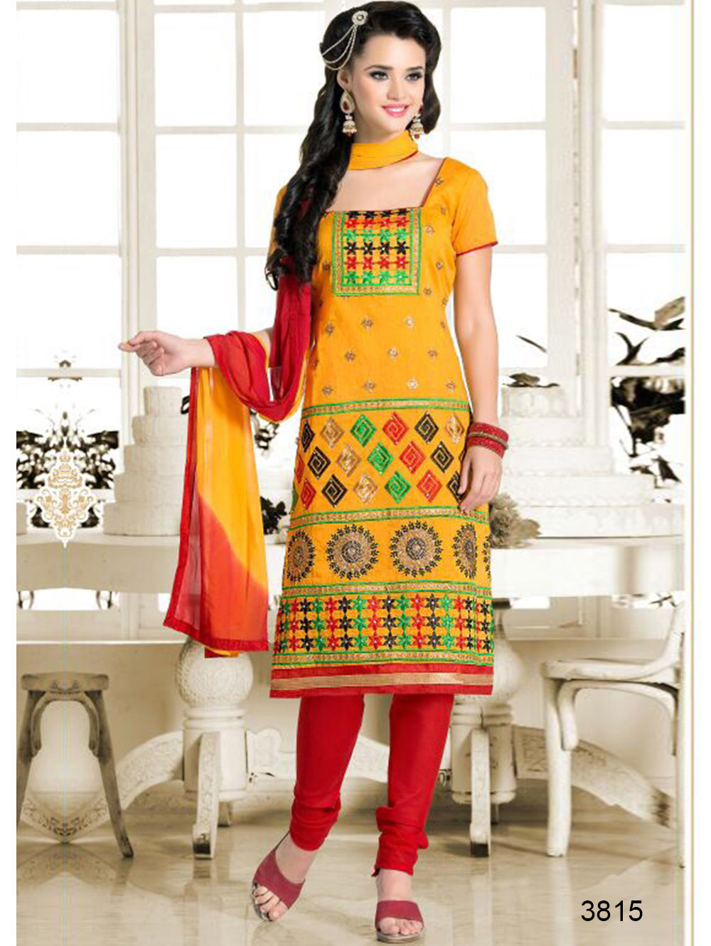 3815 Yellow Designer Chanderi Chudidar Suit