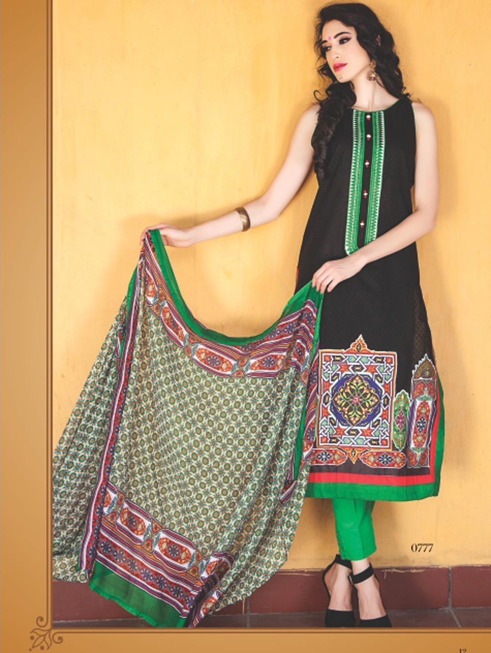 0777B Black and Green Cotton Jacquard Straight Suit