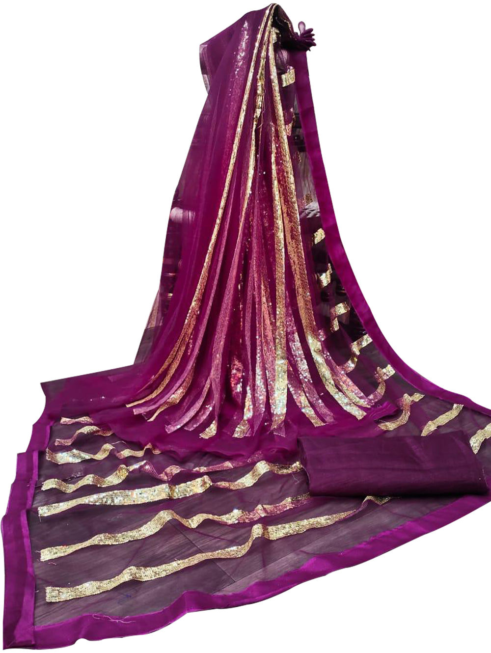 Dark Magenta Soft Net Sequence Work Saree