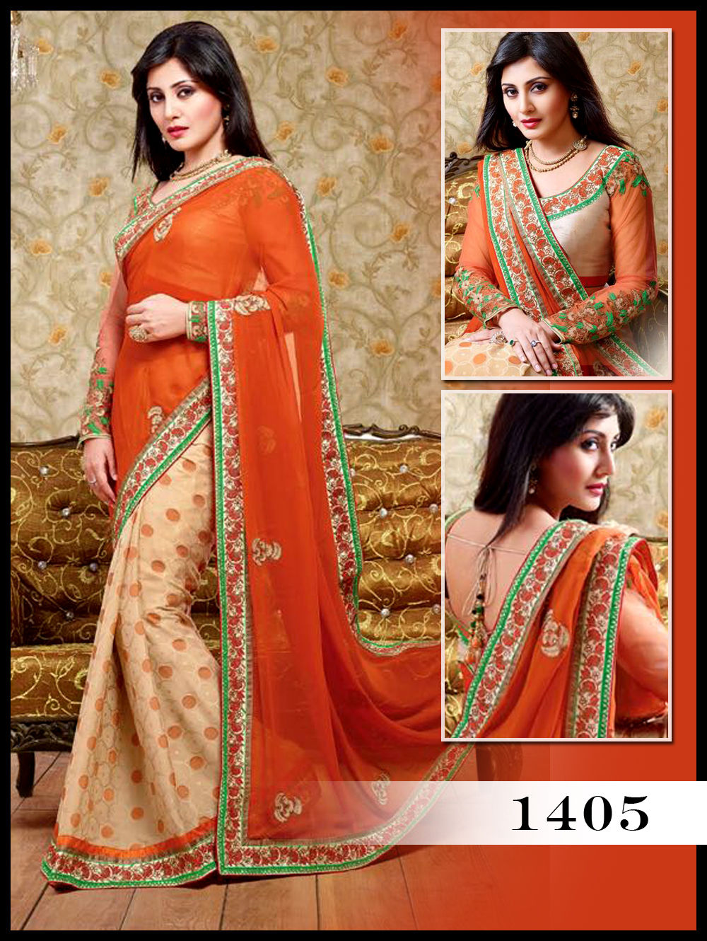 1405Orange And Champagne Designer Saree