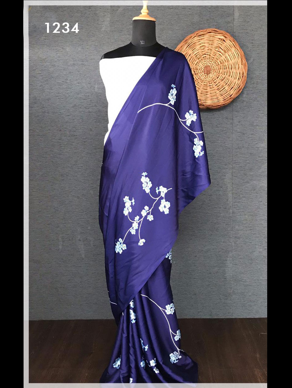 Dark Blue Japan Satin Floral Printed Saree