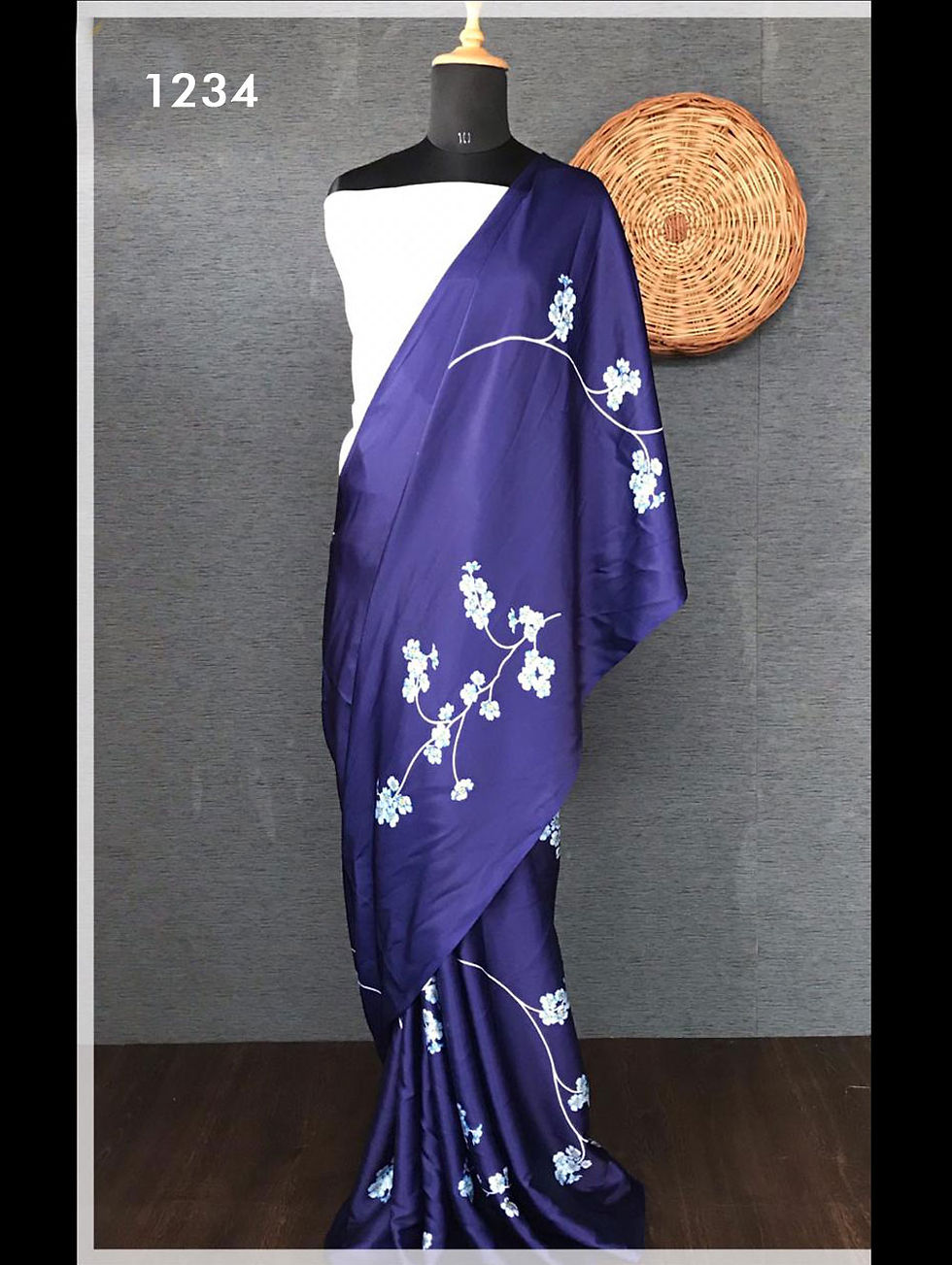 Dark Blue Japan Satin Floral Printed Saree