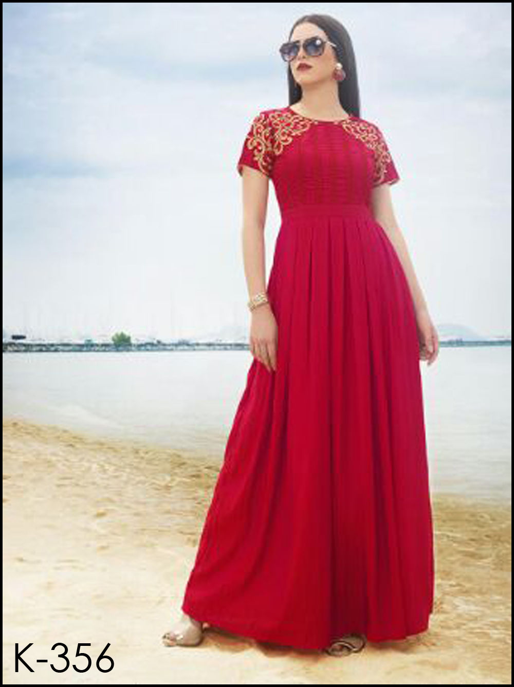 356Red Designer Stitched Party Wear Kurti