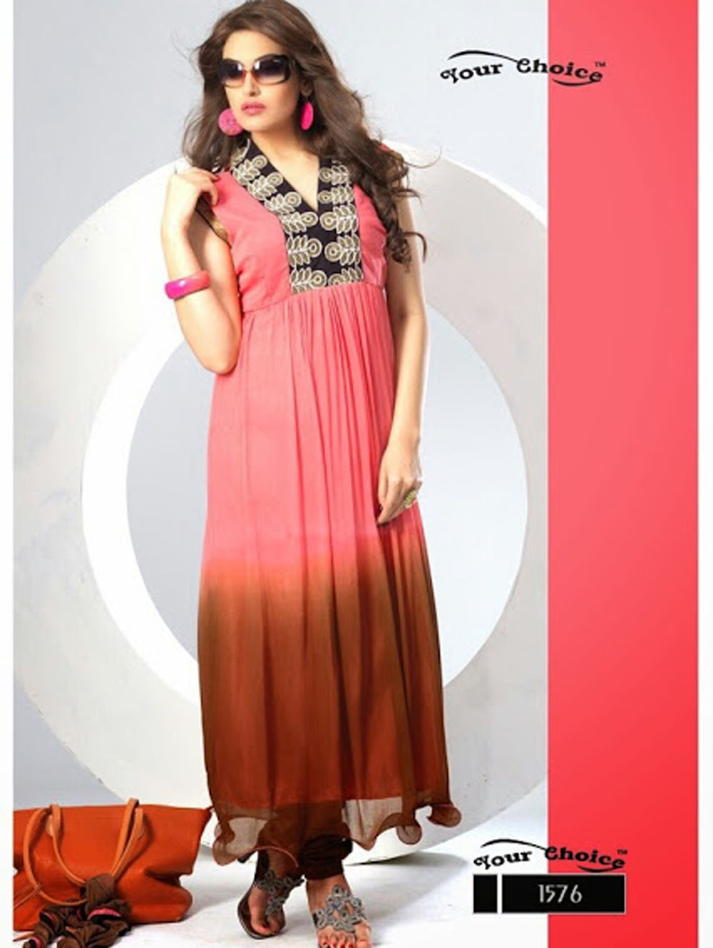 1576 Carrot Pink and Brown Chiffon Anarkali Suit