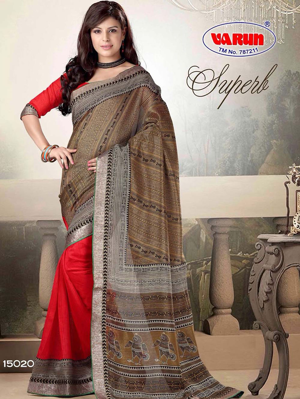 15020 Brown and Red Printed Cotton Saree