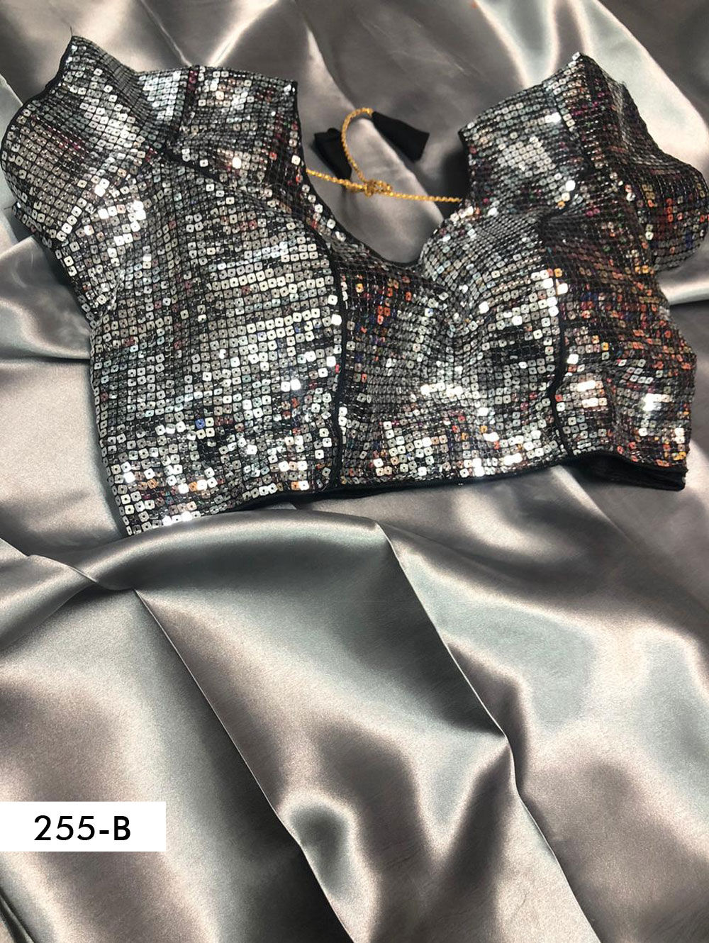 Grey Satin Silk Saree With Partywear Readymade Sequence Blouse