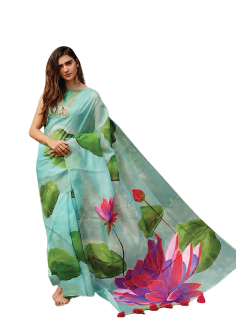 Turquoise Heavy Orgaanza Saree With Digital Print