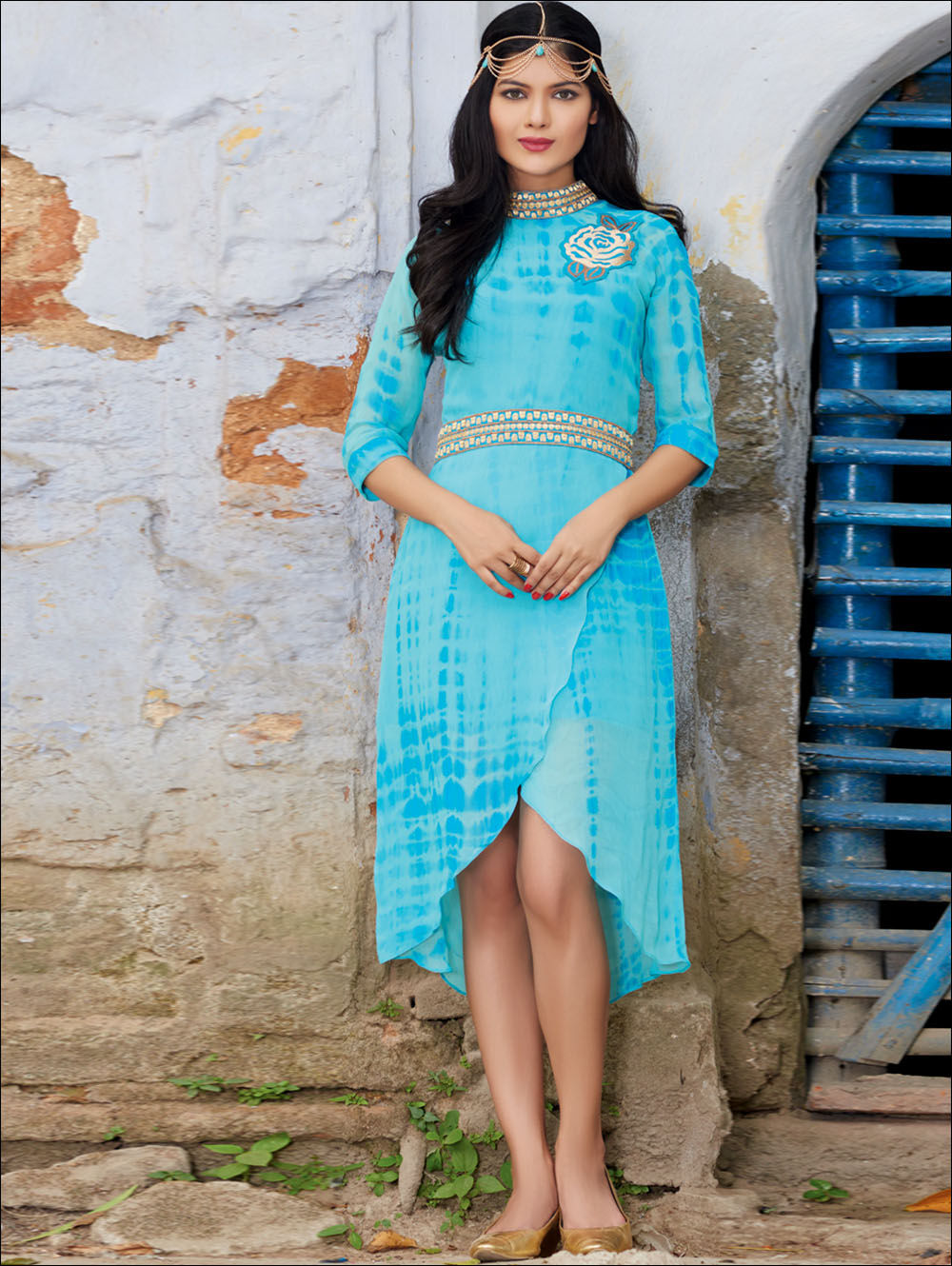 59003SkyBlue and Golden Pure Georgette Party Wear Kurti