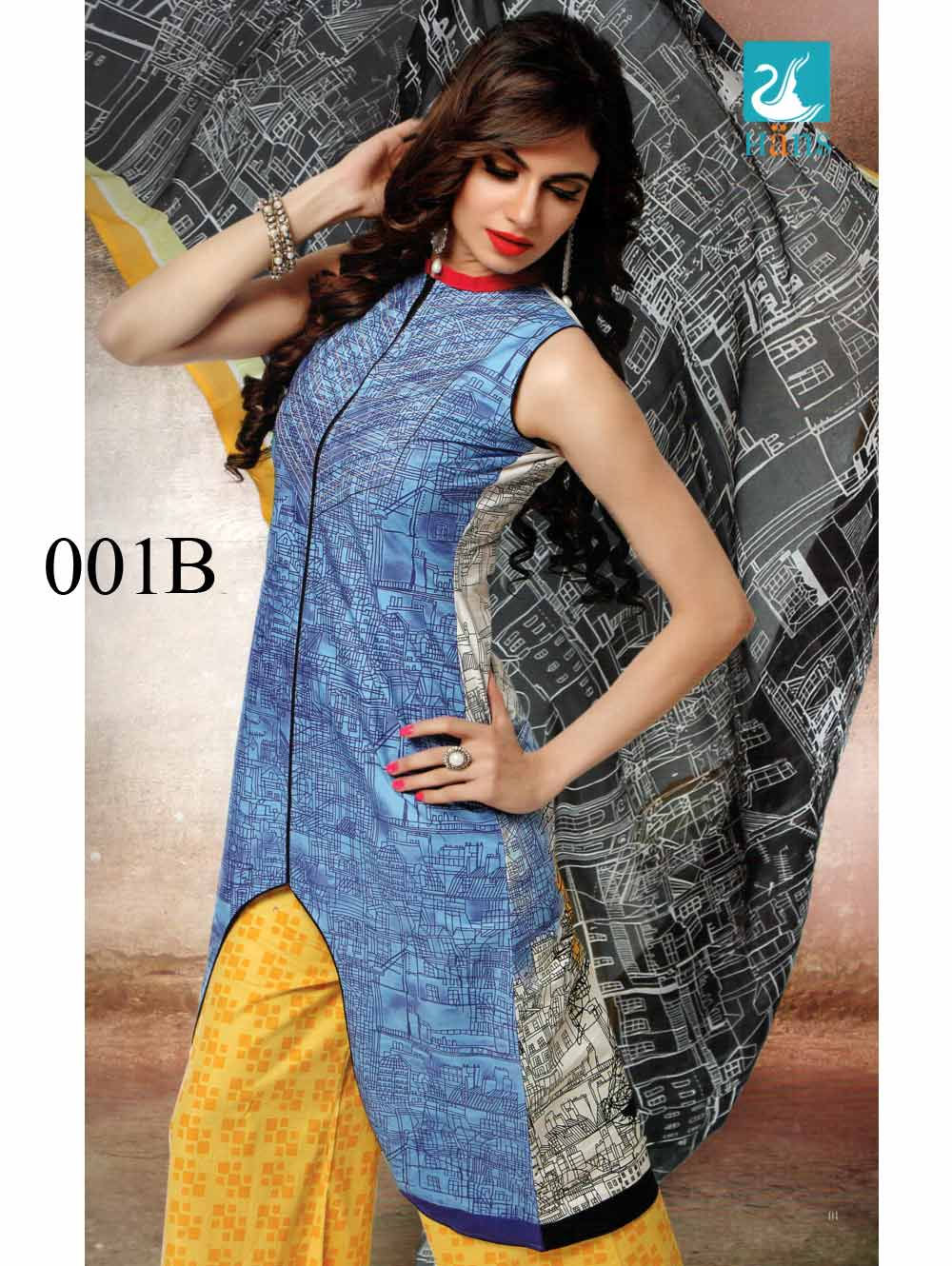 001B SkyBlue and Yellow Lawn Cotton Chudidar Suit