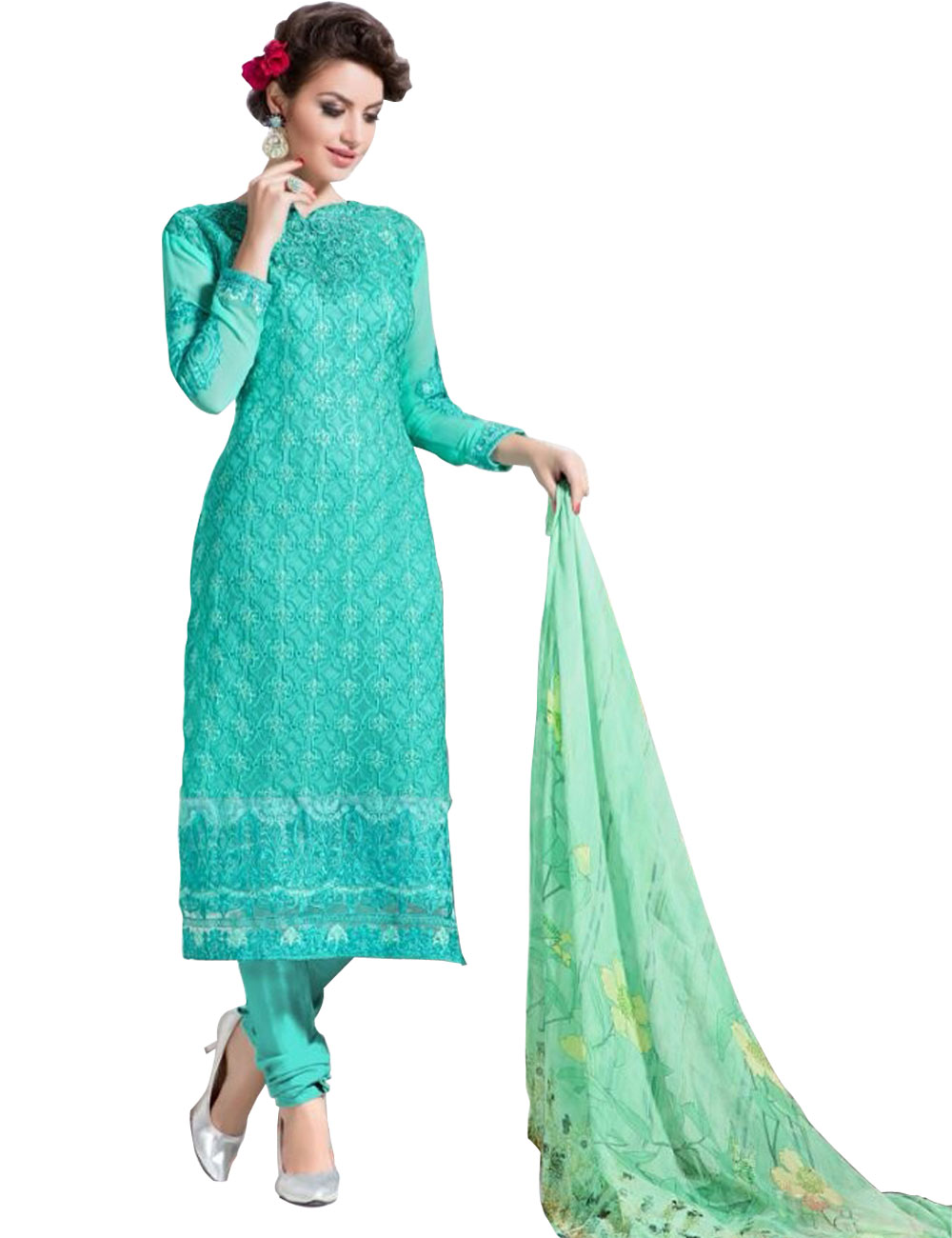 19015SeaGreen Georgette Party Wear Straight Suit