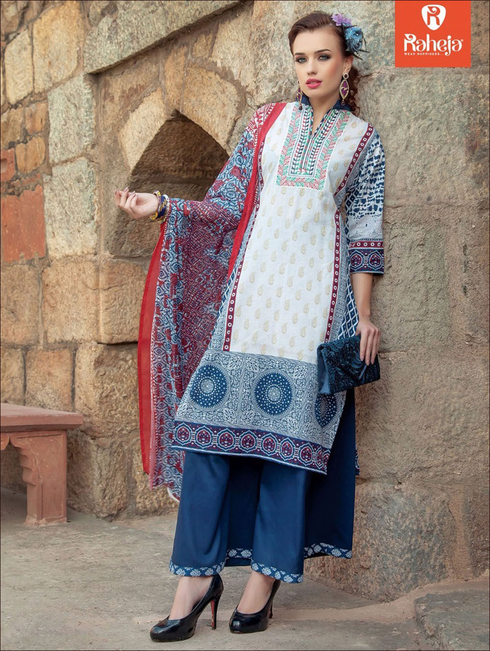 0007White and DarkBlue Printed Cambric with Neck Work Daily Wear Designer Suit