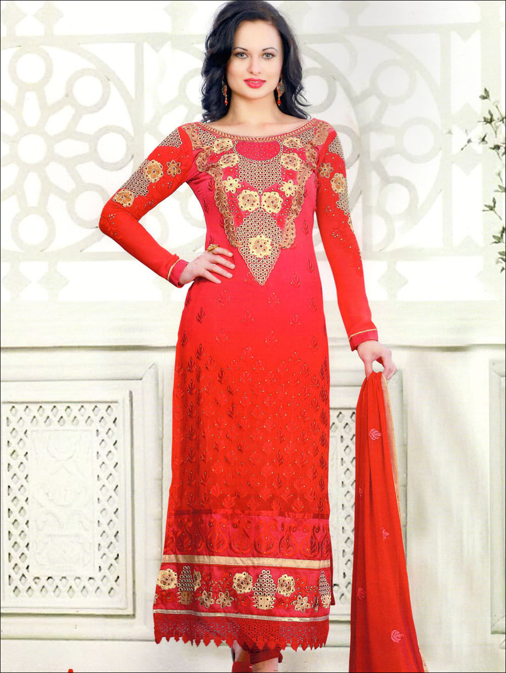 12001Red and LightYellow Georgette Straight Suit