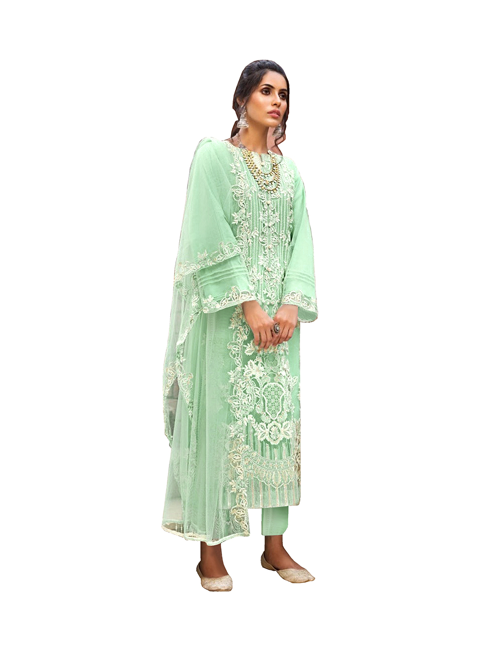 Pista Green Butterfly Net Pakistani Suit