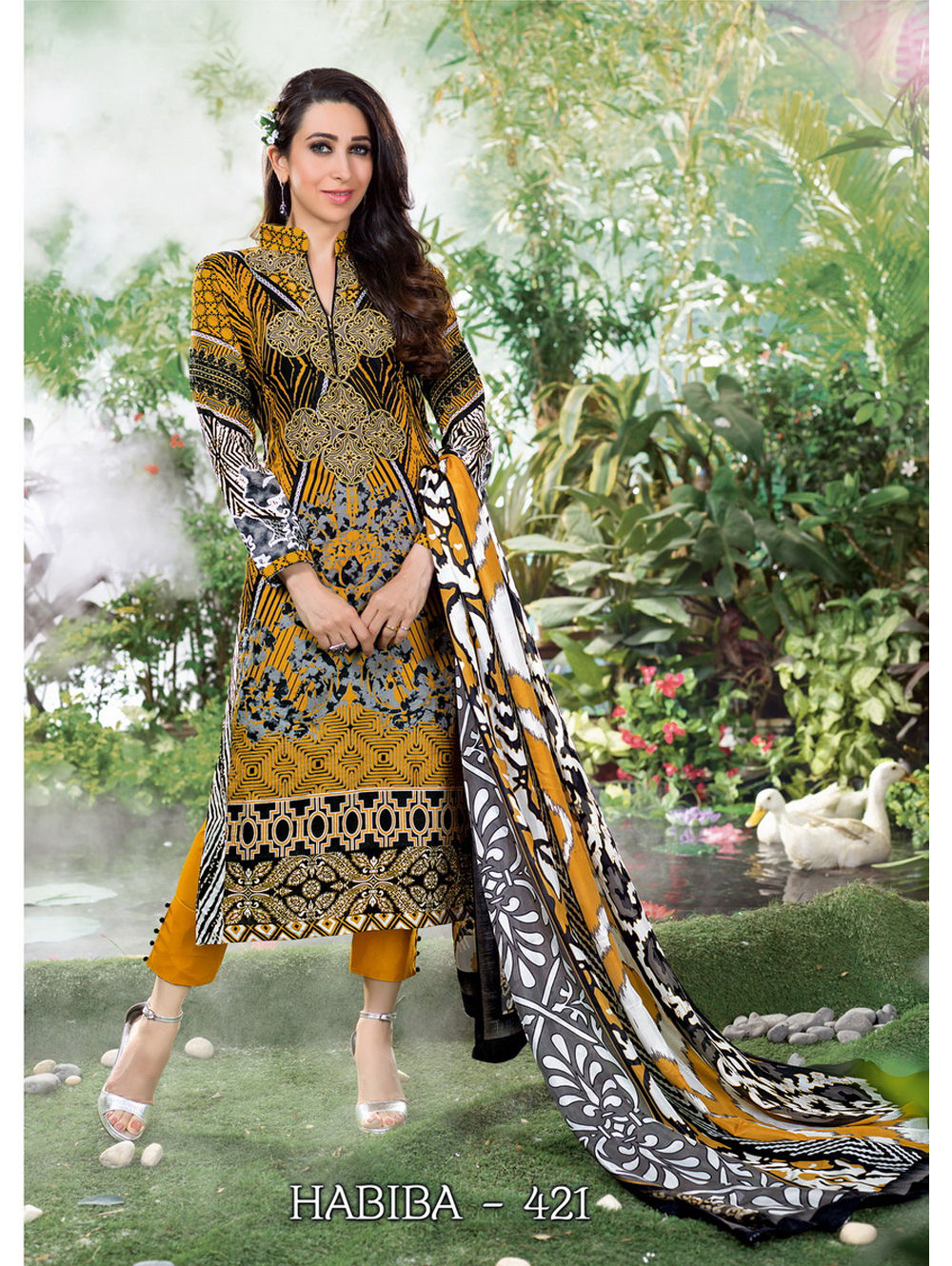 421Black White and TurmericYellow Lawn Cotton Pakistani Suit