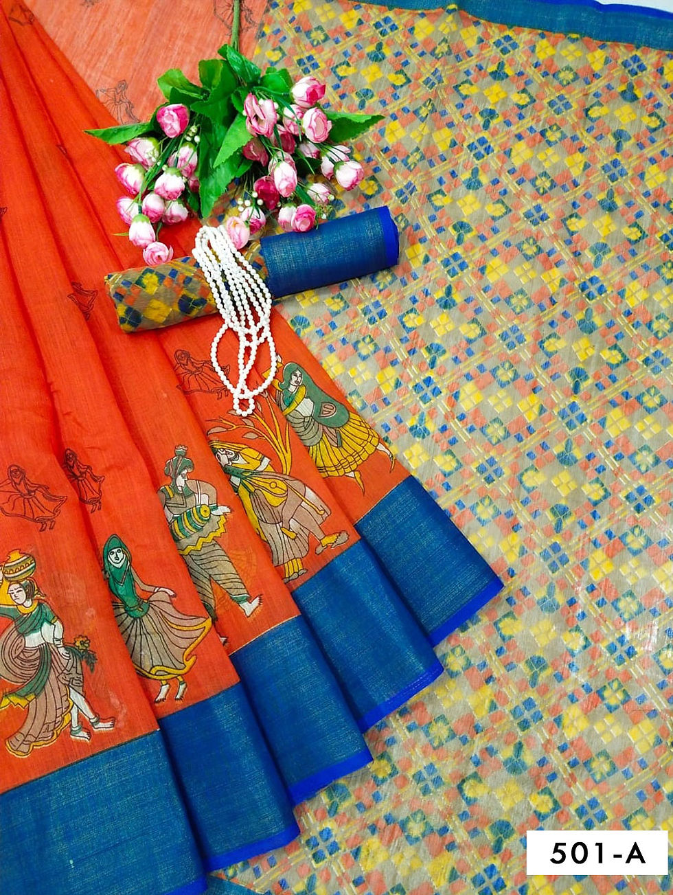 Saffron Digital Printed Soft Cotton Saree