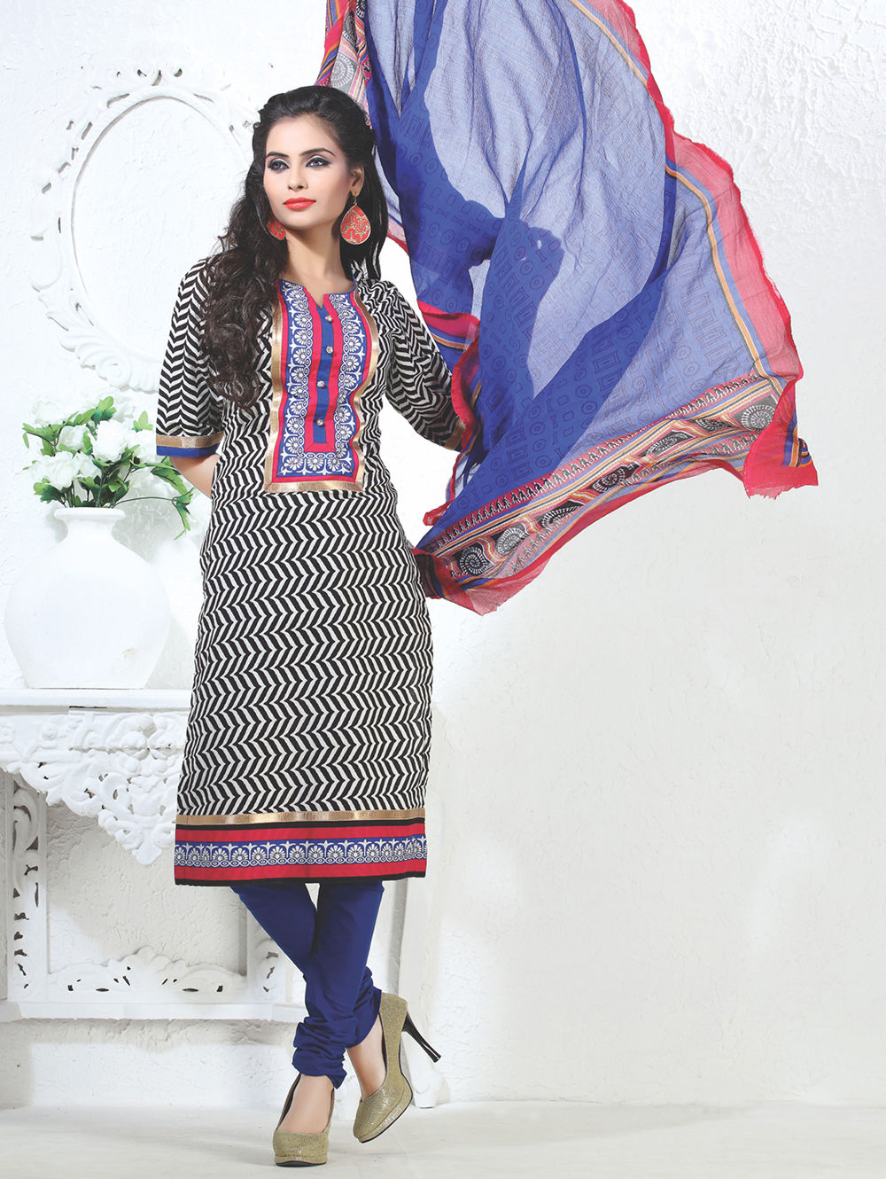 12Black White and Blue Cotton Party Wear/Daily Wear Straight Suit