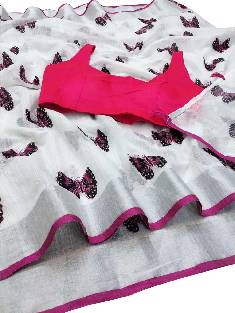 White And Medium Violet Red Titli Printed Linen Saree