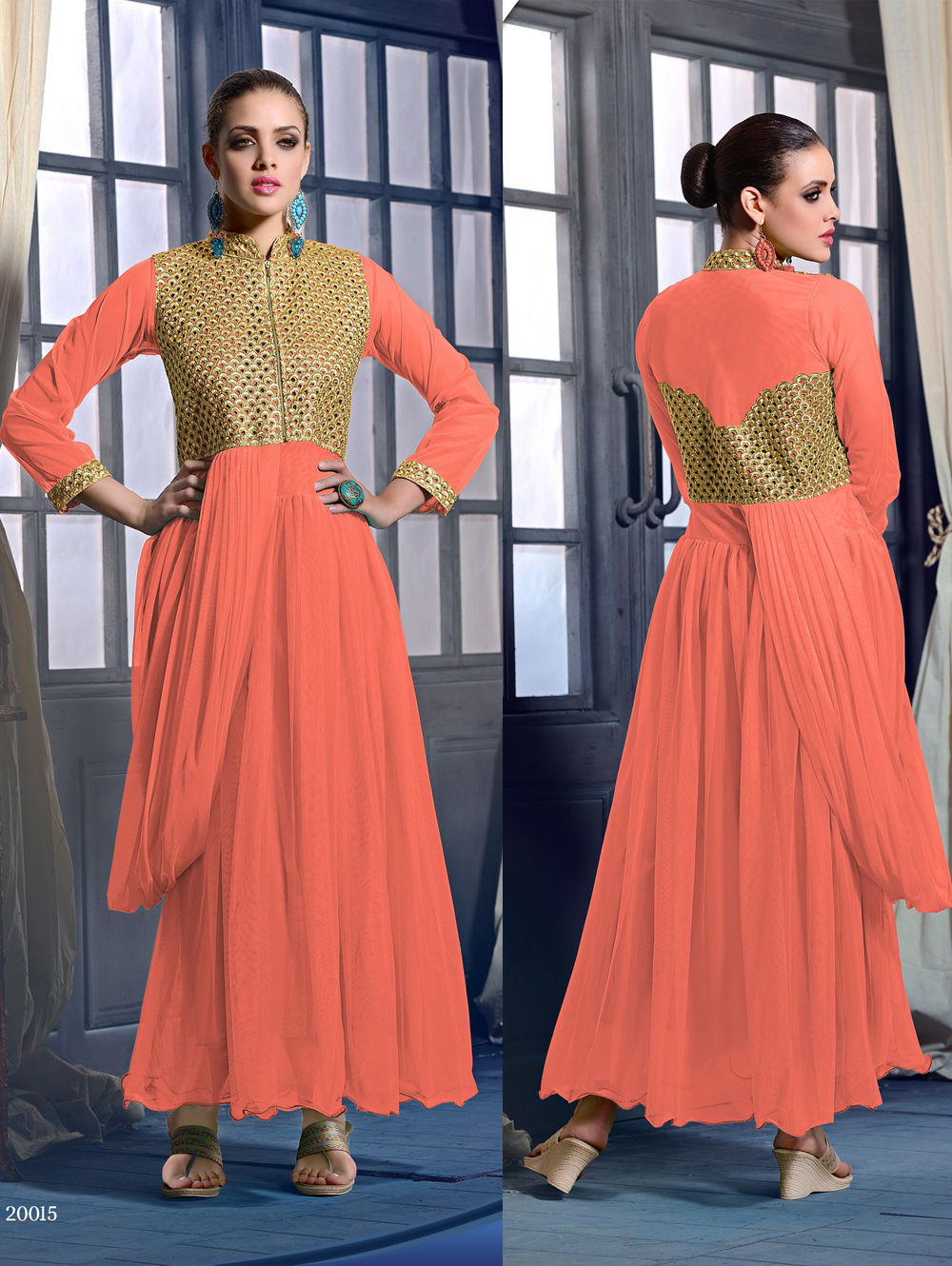 20015CarrotOrange Wedding Occasional Wear Designer Anarkali Style Gown