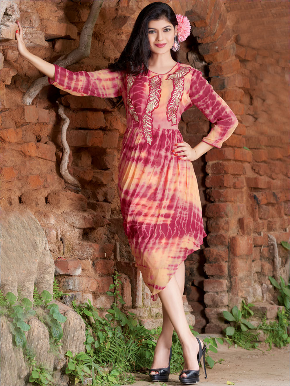 59002DarkPink and LightOrange Pure Georgette Party Wear Kurti