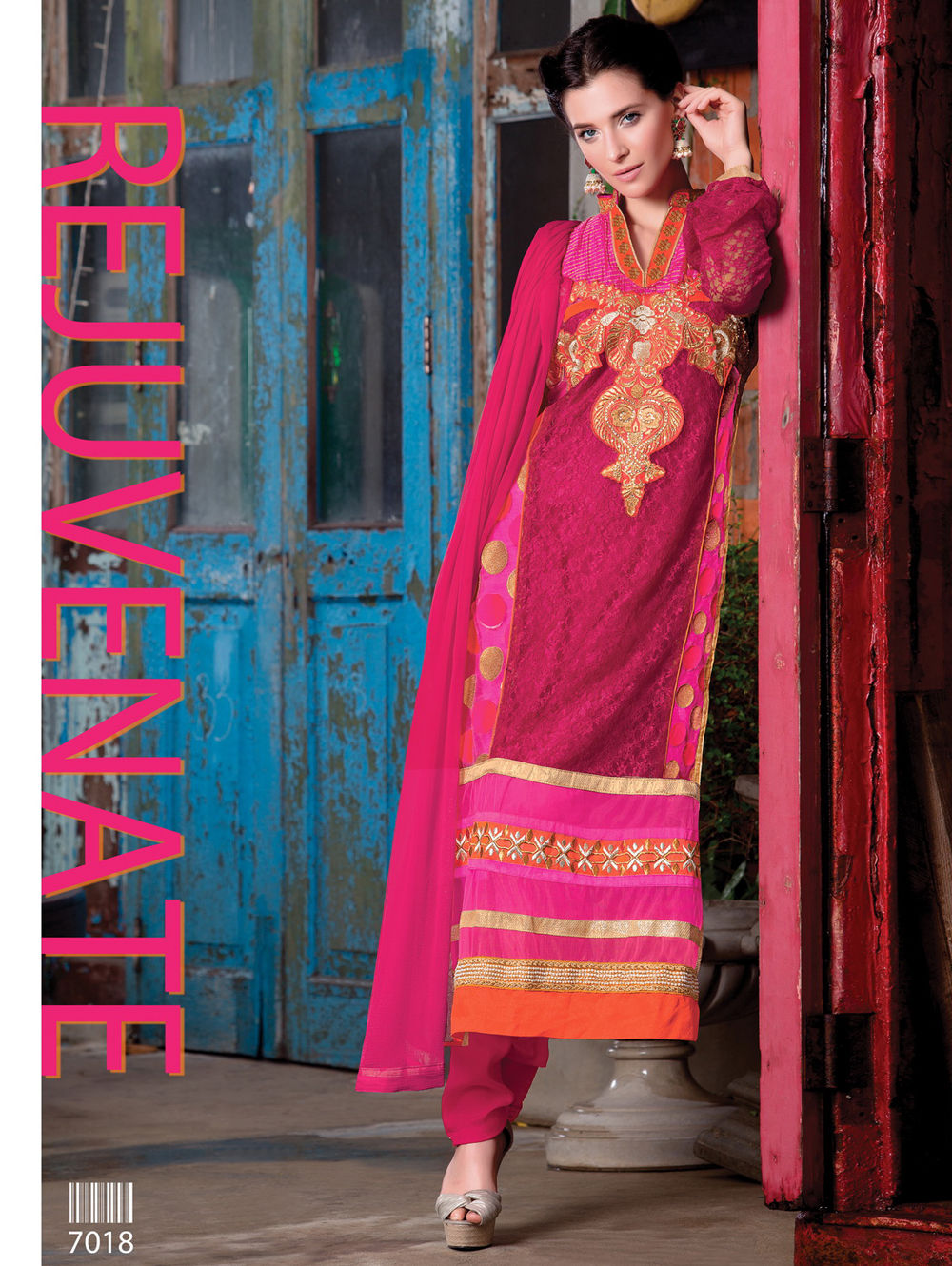 7018Red and DarkMagenta Party Wear Embroidered Georgette Long Straight Suit