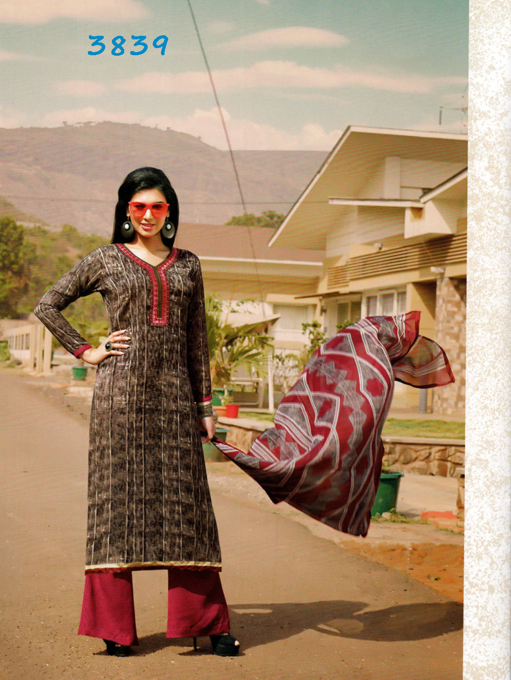 3839Dark Brown and Dark Pink Plazo Suit