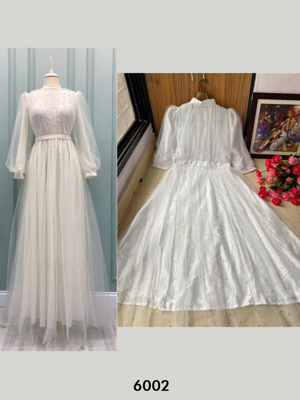 White Designer Peral Work Net Gown