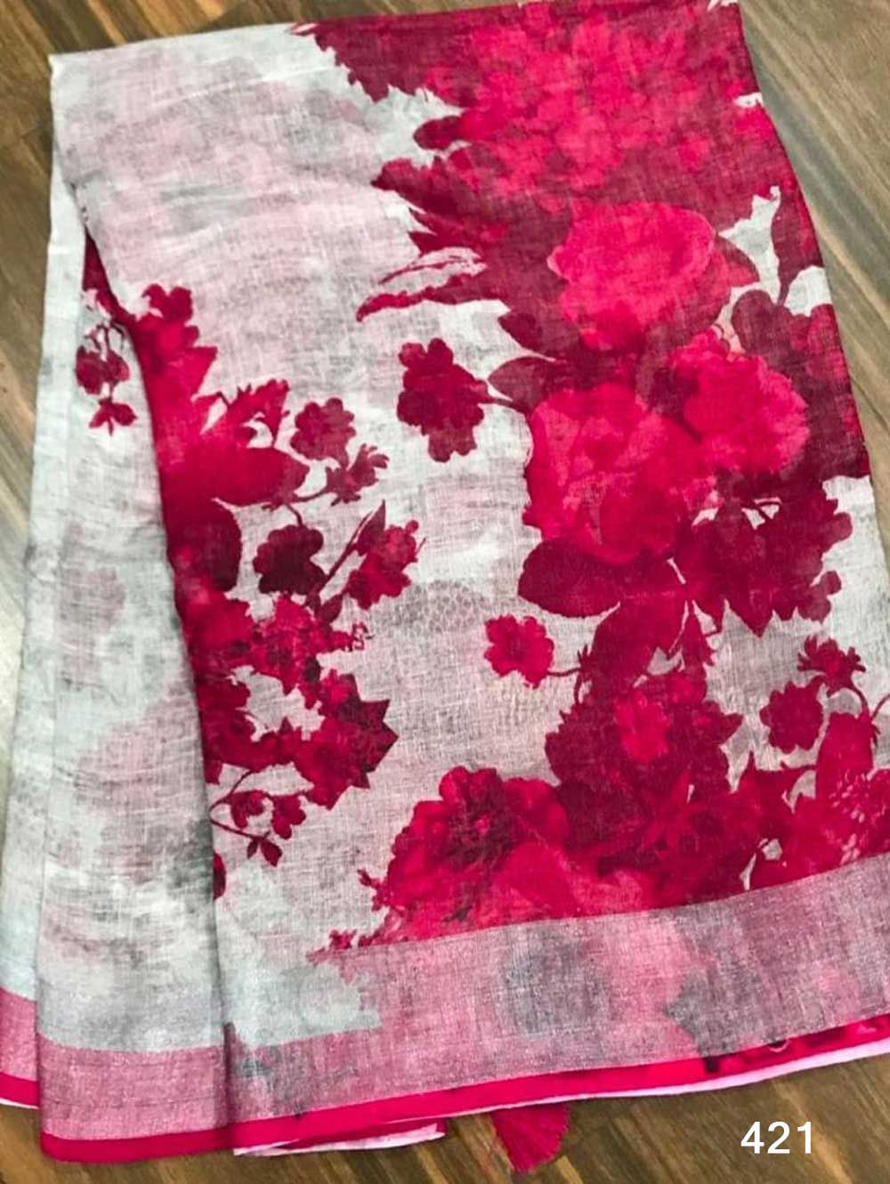 Off White Femina Linen Saree With Digital Print