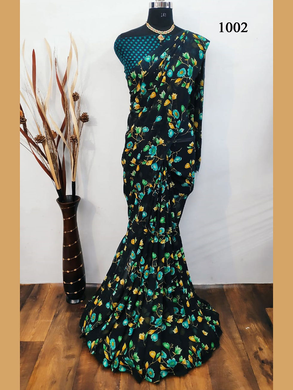 Peacock Green Digital Print Georgette Silk Saree