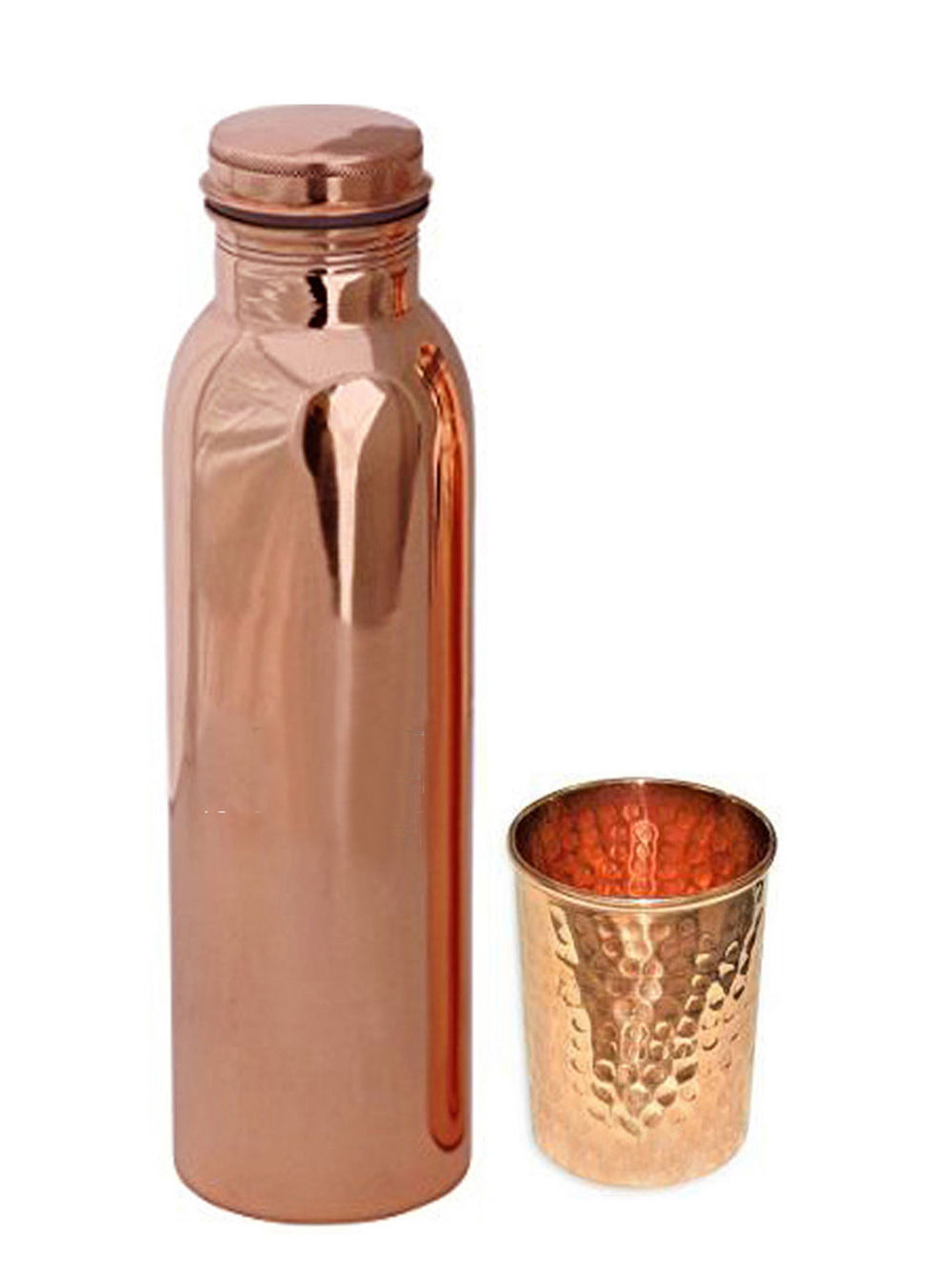 One Plain Copper Bottle And One Hammered Copper Glass