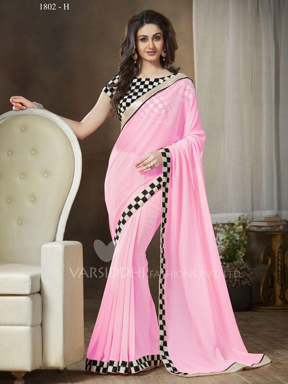 1802H LightPink and Black Party Wear Georgette Saree