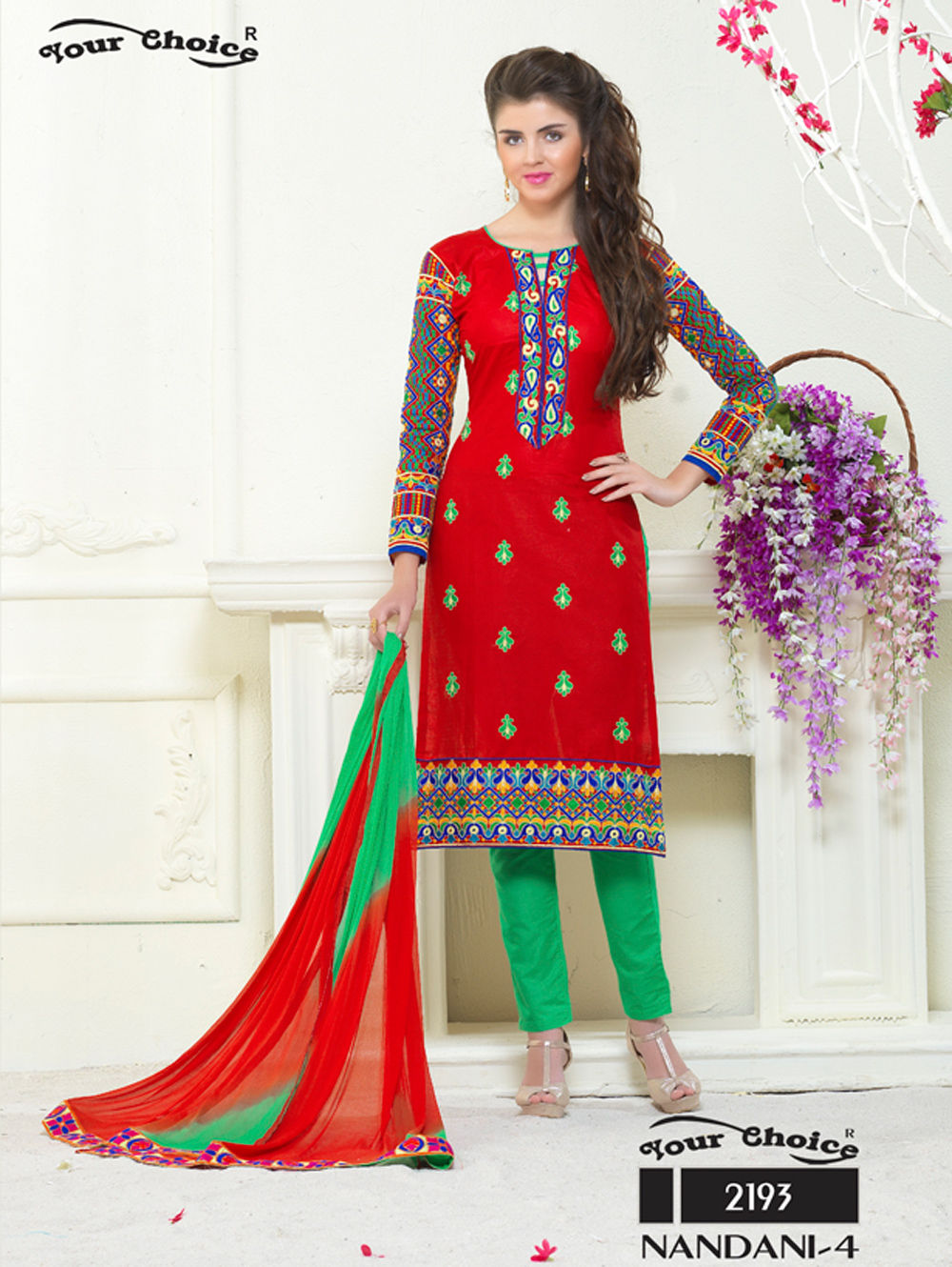 2193Red and Green Embroidered Glace Cotton Ocassional Wear Straight Suit