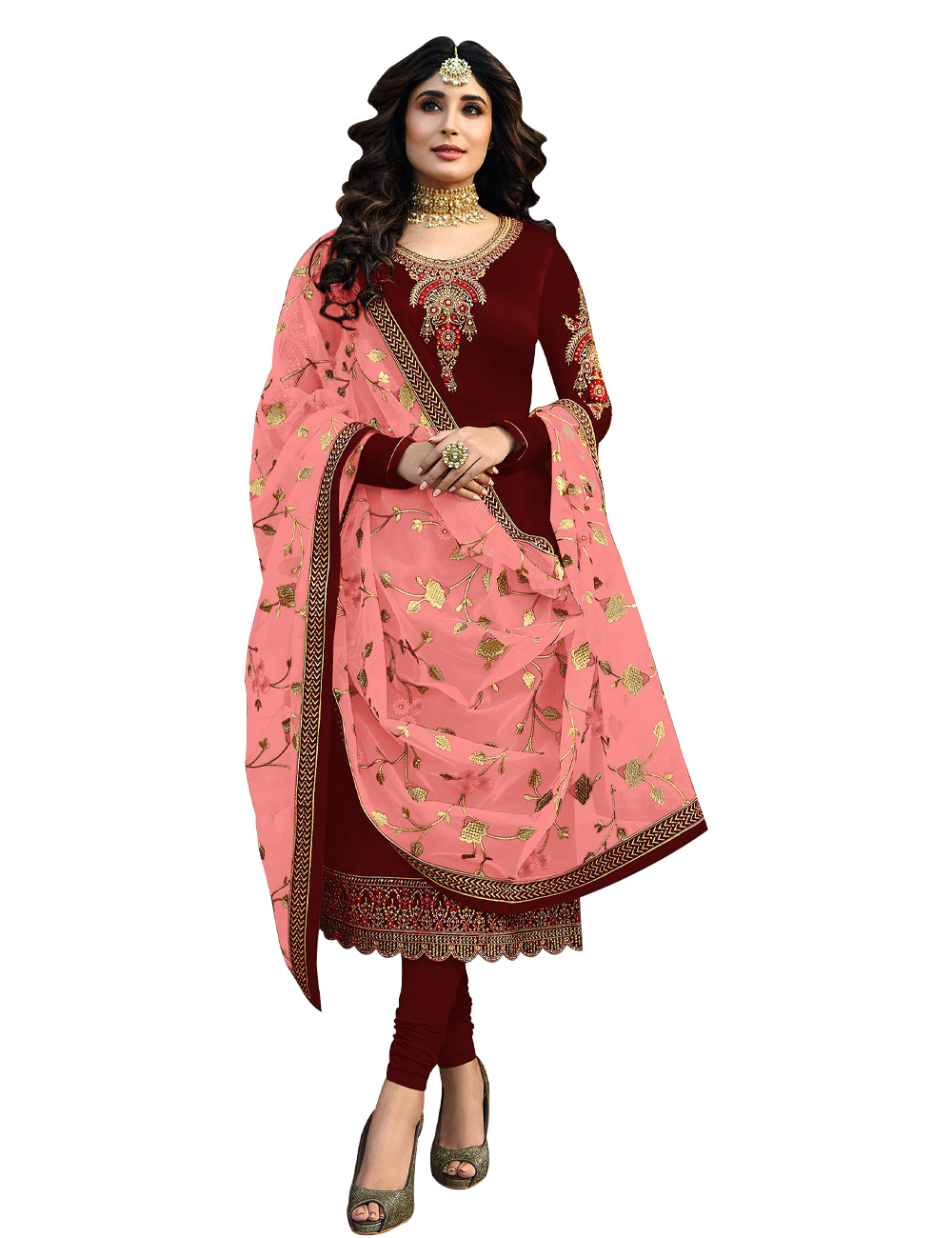 Falu Red Satin Georgette Suit