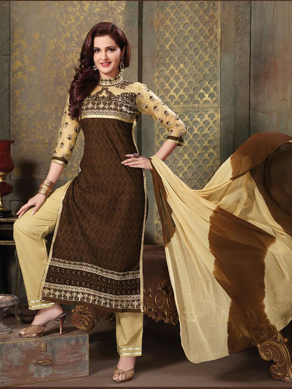 702 Sandy Brown and Brown Pure Cotton Long Straight Suit