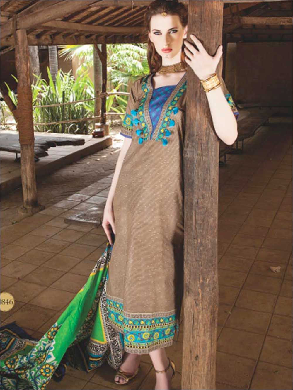 0846C Brown and SkyBlue Satin Cotton Straight Suit