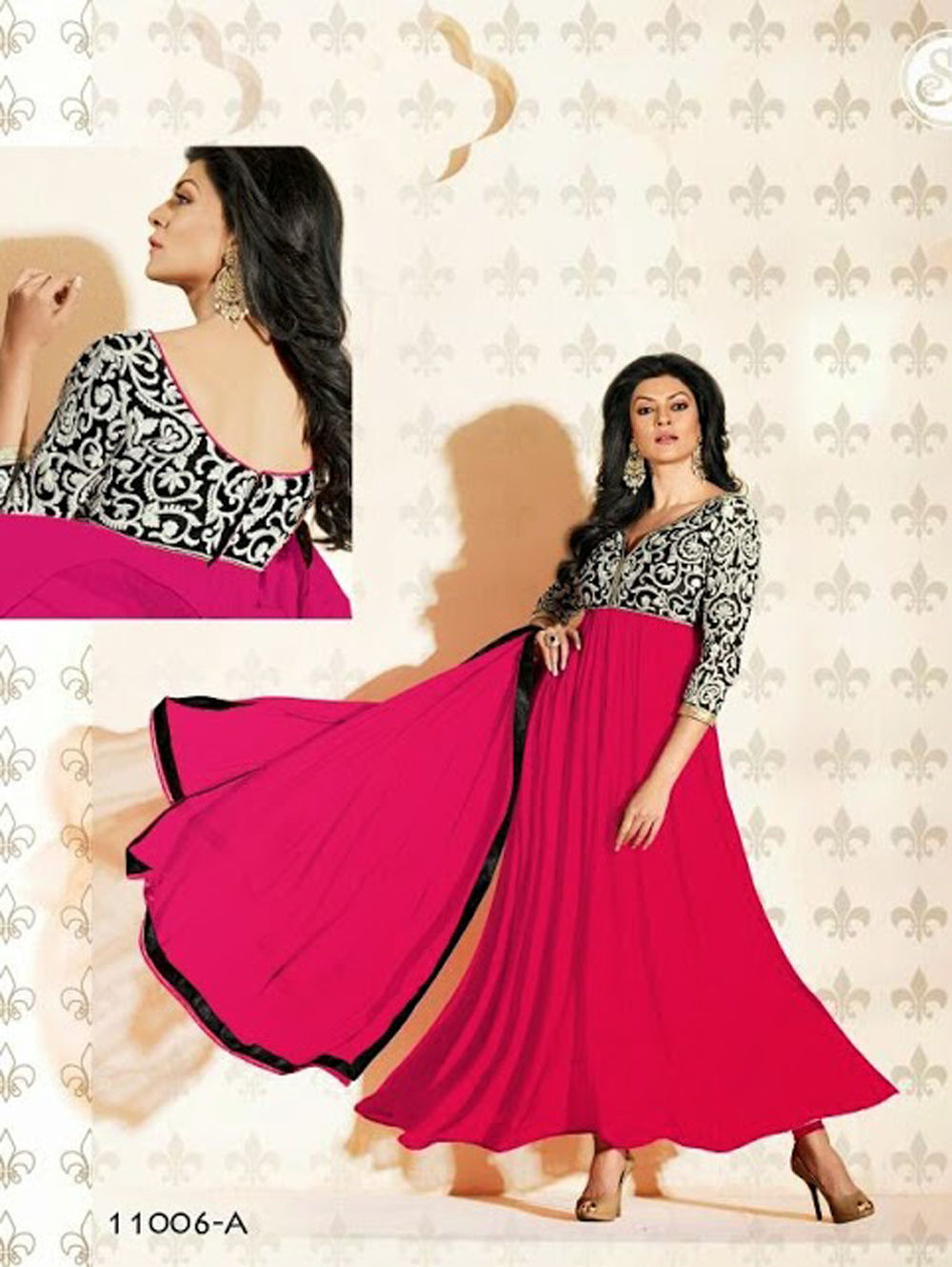 11006A BrightPink and Black Anarkali Suit