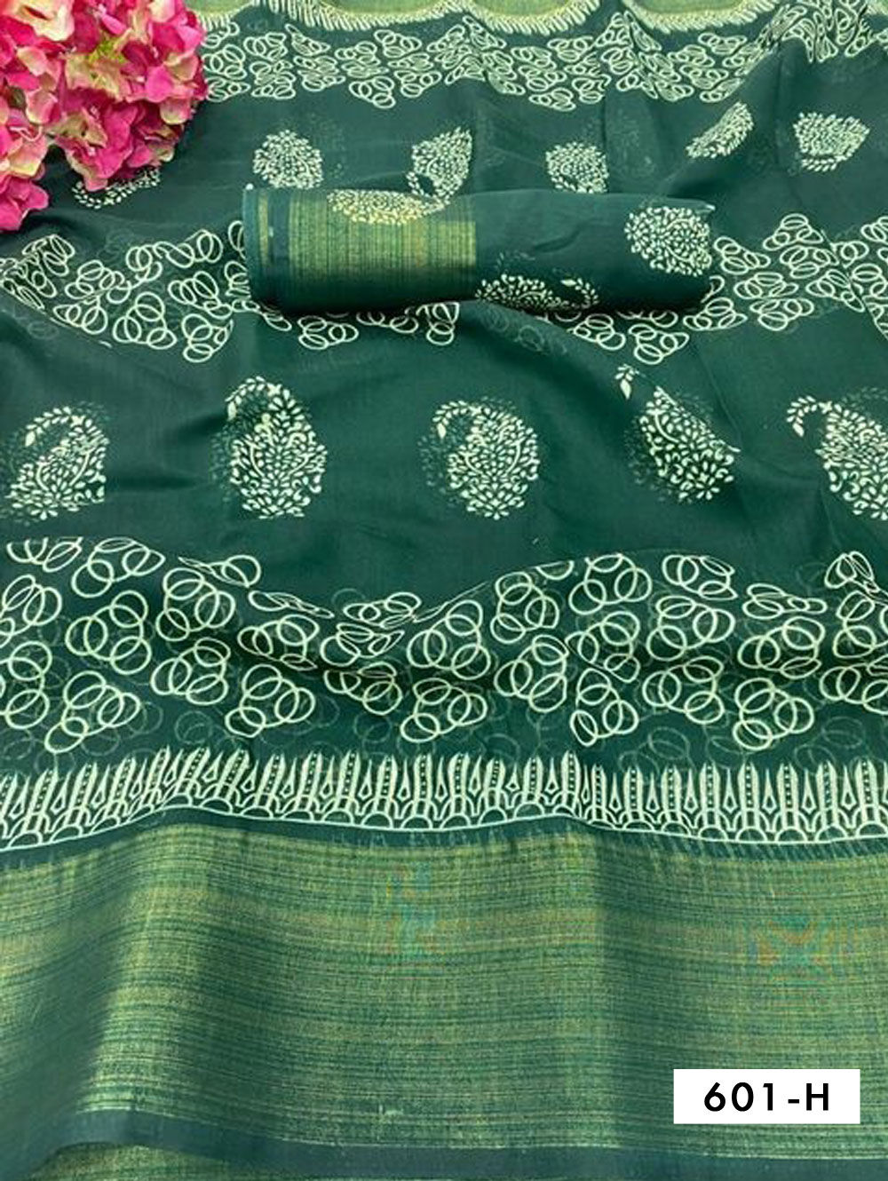 Bottle Green Digital Printed Soft Cotton Saree