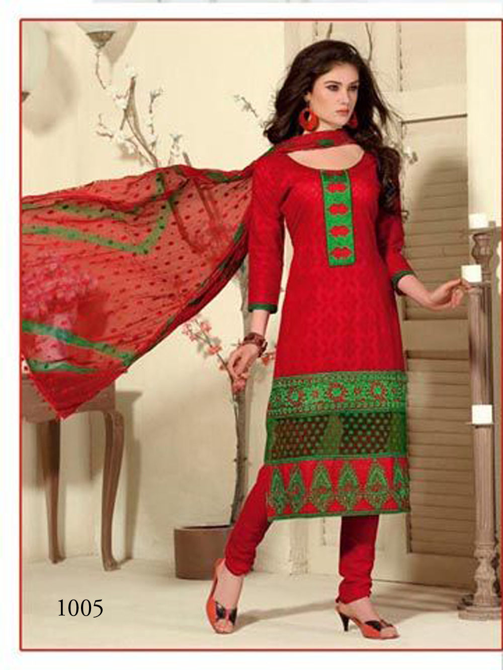 20017Red and Green Cotton Jaqcuard Party Wear Straight Suit