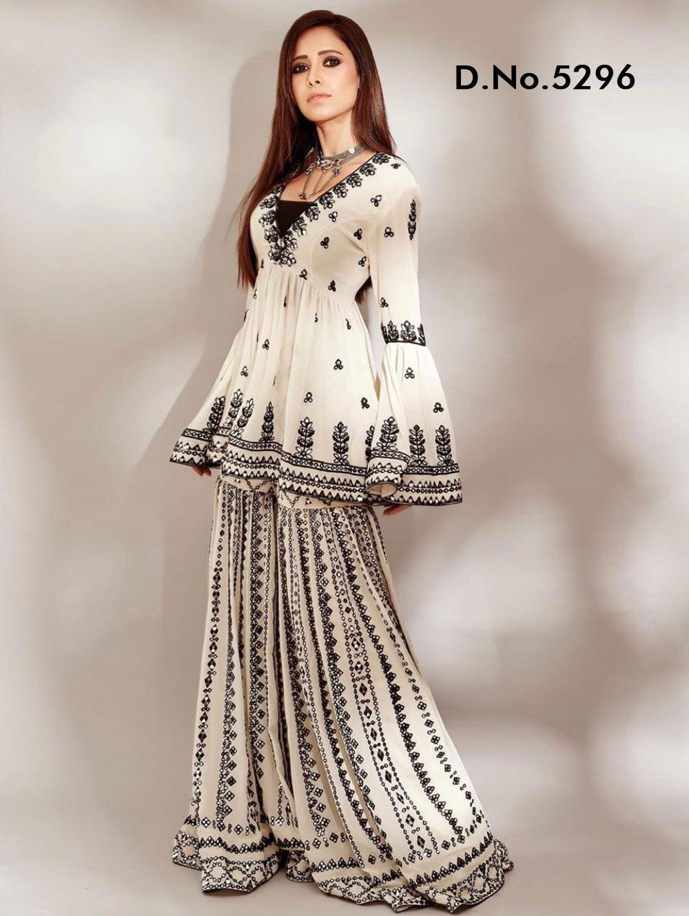 Beige Coloured Designer Georgette Embroidered Plazo Top Set