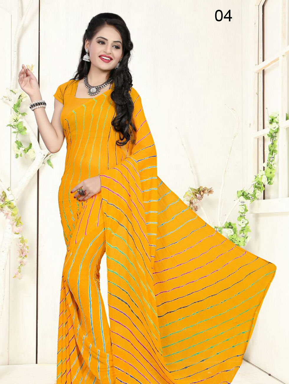 04 Turmeric Yellow Exclusive Diamond Chiffon Lahariya Sarees