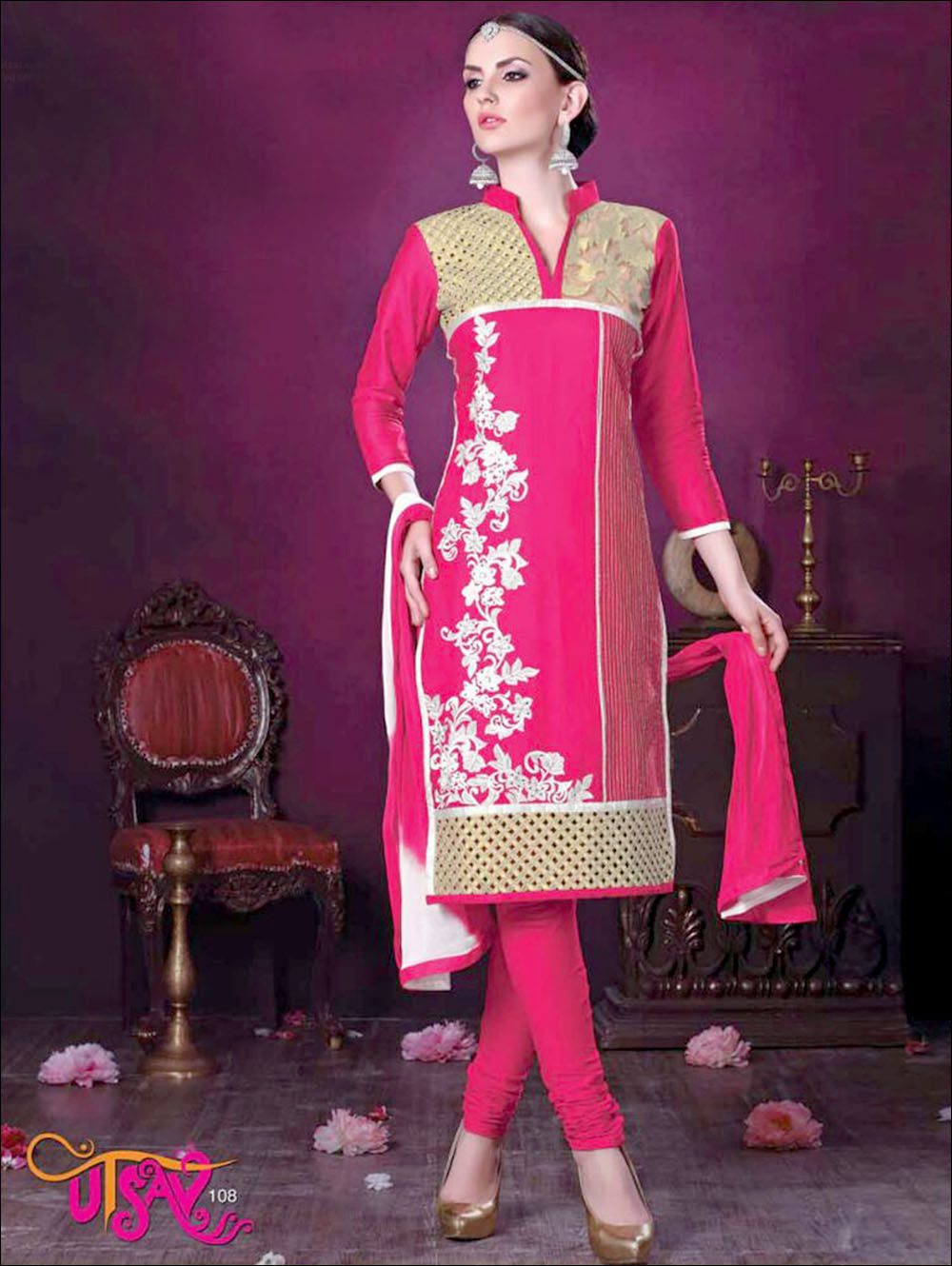 108DeepPink Daily Wear Embroidered Satin Cotton Designer Suit