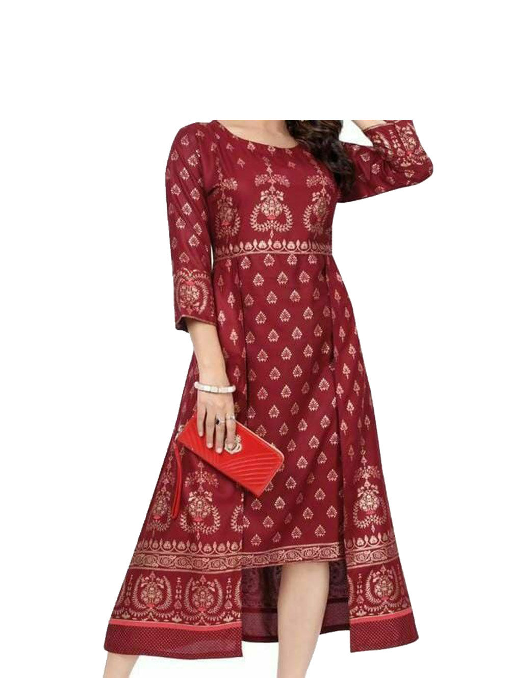 Brown Foil Printed Rayon Hit Kurtis