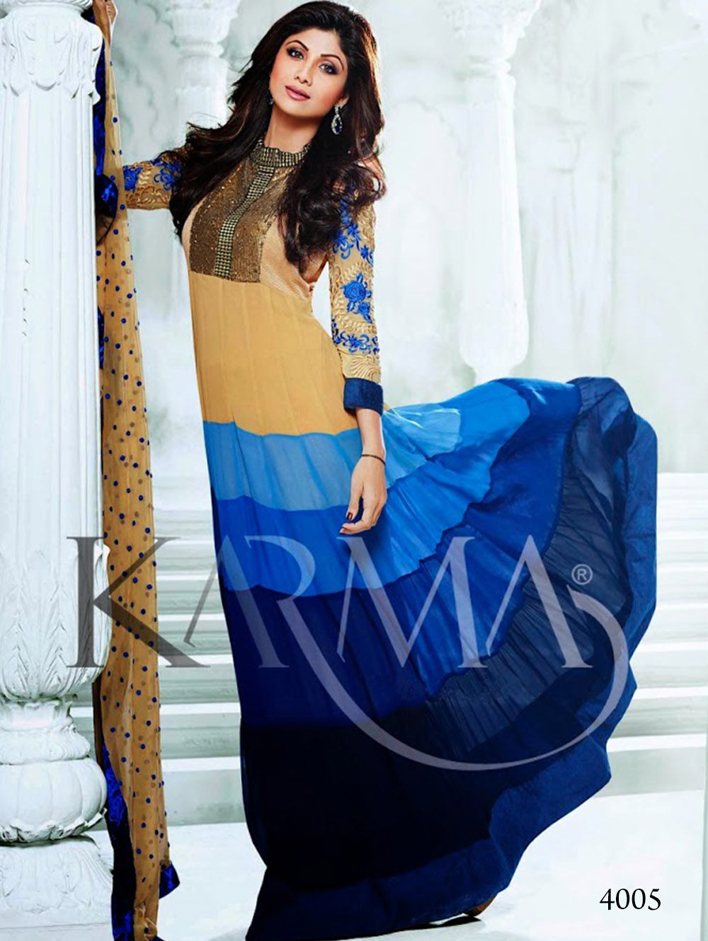 4005Beige and Blue Anarkali Suit