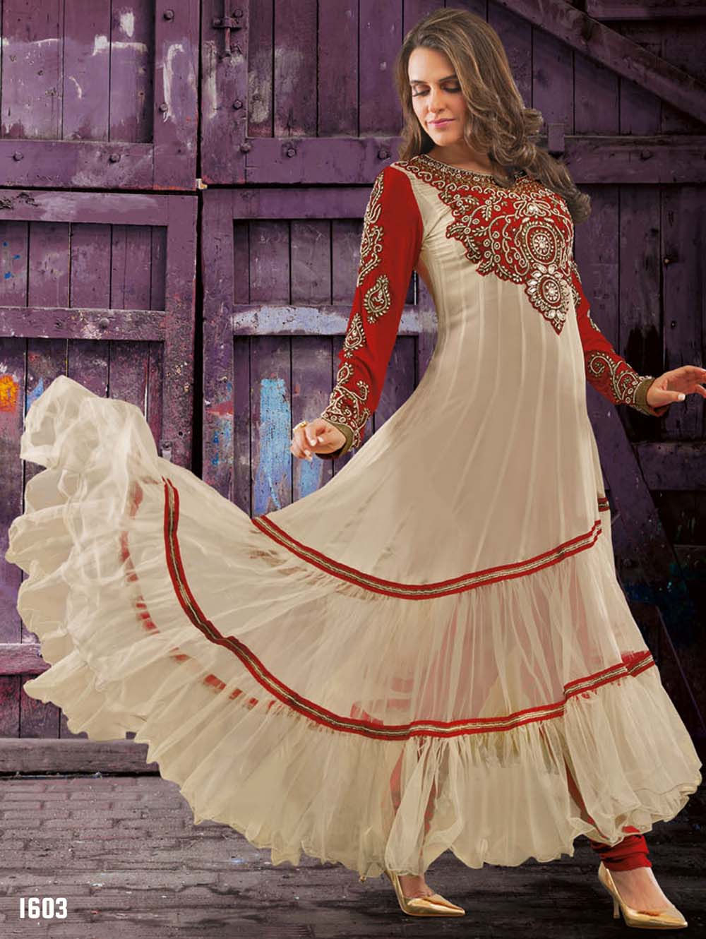 1603 Beige and Red Georgette Anarkali Suit