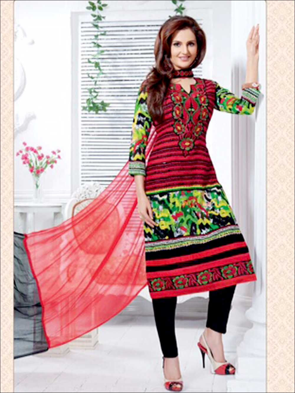 5008Red and Black Cotton Straight Suit